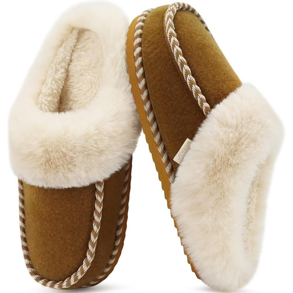 Women's Memory Foam House Slippers Cozy Fluff Plush Winter Essential Brown Shoes